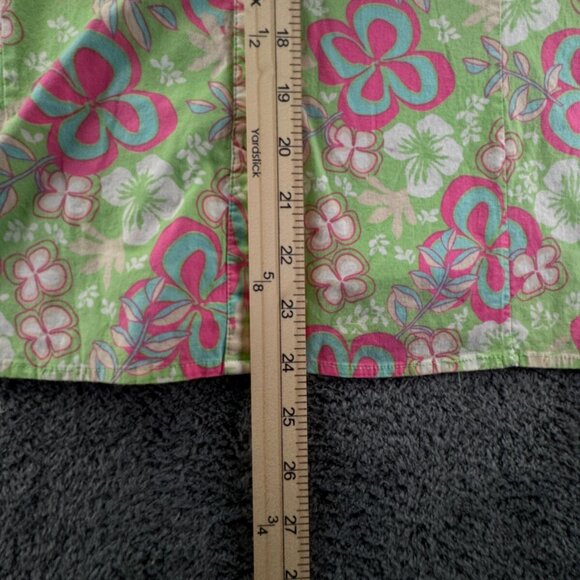 Duck Head Medium Women Button Up Floral Shirt Green Pink 1/2 Sleeve Stretch - Picture 3 of 14